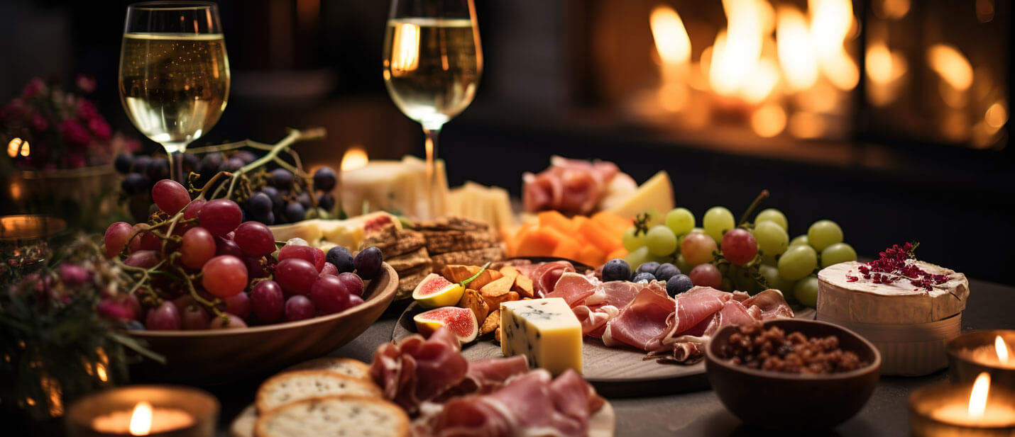 Plateau de charcuteries et de fromages avec des fruits et des verres de vin blanc dans une ambiance tamisé et chaleureuse, avec un feu de cheminée en arrière-plan